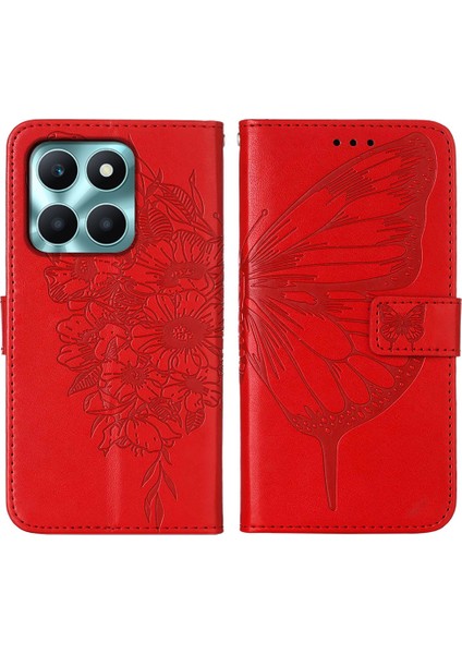 Honor X6A Için Kelebek Pu Deri Çevirmeli Cüzdan Stand Telefon Kılıfı - Kırmızı (Yurt Dışından)