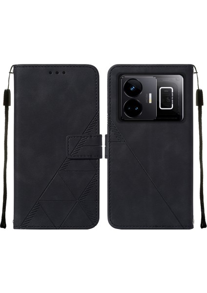 Realme Gt Neo 5 /realme Gt3 Için Kabartmalı Pu Deri Stand Cüzdan Telefon Kılıfı - Siyah (Yurt Dışından)