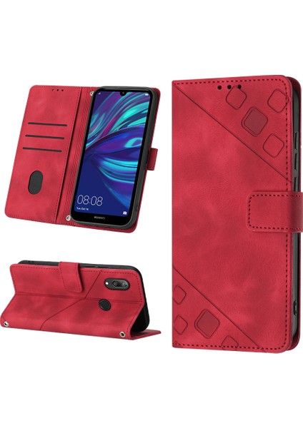 Huawei Y7 2019 Için Kabartmalı Deri Cüzdan Stand Telefon Kılıfı - Kırmızı (Yurt Dışından)
