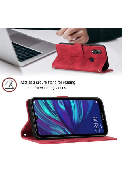 Huawei Y7 2019 Için Kabartmalı Deri Cüzdan Stand Telefon Kılıfı - Kırmızı (Yurt Dışından) indirimleri