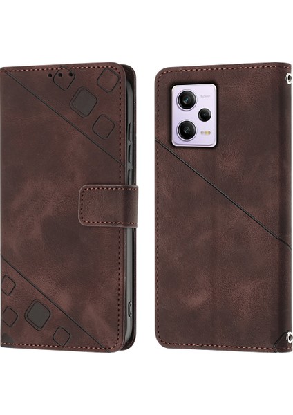 Xiaomi Redmi Note 12 Pro Için Kabartmalı Deri Cüzdan Stand Telefon Kılıfı - Kahverengi (Yurt Dışından)