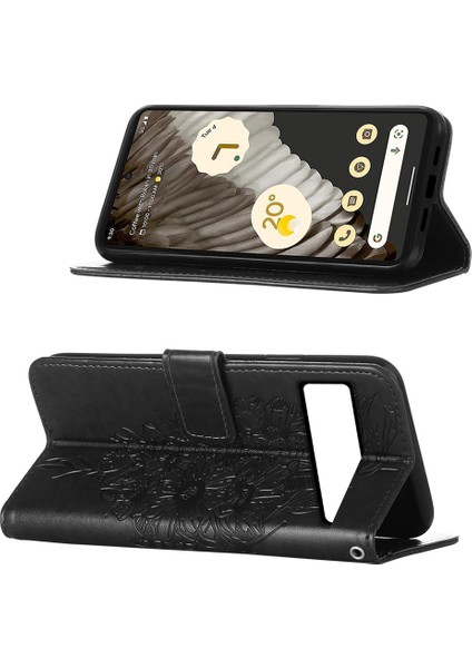 Google Pixel 8 Pro Için Kelebek Pu Deri Çevirmeli Cüzdan Stand Telefon Kılıfı - Siyah (Yurt Dışından)