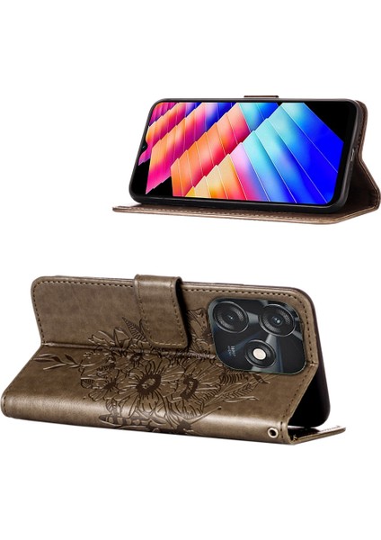 Tecno Spark 10C Için Kelebek Pu Deri Çevirmeli Cüzdan Stand Telefon Kılıfı - Gri (Yurt Dışından)