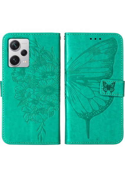 Xiaomi Redmi Note 12 Pro+ Için Kelebek Pu Deri Çevirmeli Cüzdan Stand Telefon Kılıfı - Yeşil (Yurt Dışından)