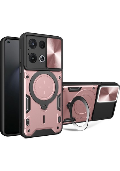 Oppo Reno8 Pro Için Çift Katmanlı Telefon Kılıfı, Slayt Kamera Kapağı ve Metal Gizli Braket ile Rose Gold (Yurt Dışından)