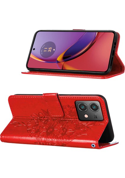 Motorola Moto G84 Için Kelebek Pu Deri Çevirmeli Cüzdan Stand Telefon Kılıfı - Kırmızı (Yurt Dışından) indirimleri