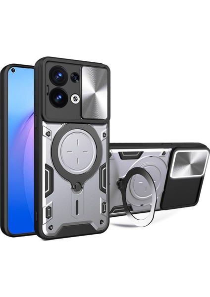 Oppo Reno8 5g Için Çift Katmanlı Telefon Kılıfı, Slayt Kamera Kapağı ve Metal Gizli Braket ile Gümüş (Yurt Dışından)