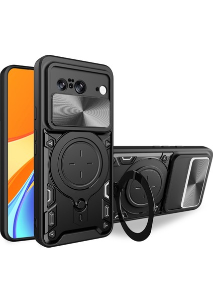 Google Pixel 8 Için Çift Katmanlı Telefon Kılıfı, Slayt Kamera Kapağı ve Metal Gizli Braket ile Siyah (Yurt Dışından)