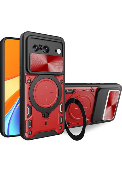 Google Pixel 8 Için Çift Katmanlı Telefon Kılıfı, Slayt Kamera Kapağı ve Metal Gizli Braket ile Kırmızı (Yurt Dışından)