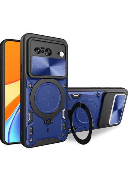 Google Pixel 8 Için Çift Katmanlı Telefon Kılıfı, Slayt Kamera Kapağı ve Metal Gizli Braket ile Mavi (Yurt Dışından)