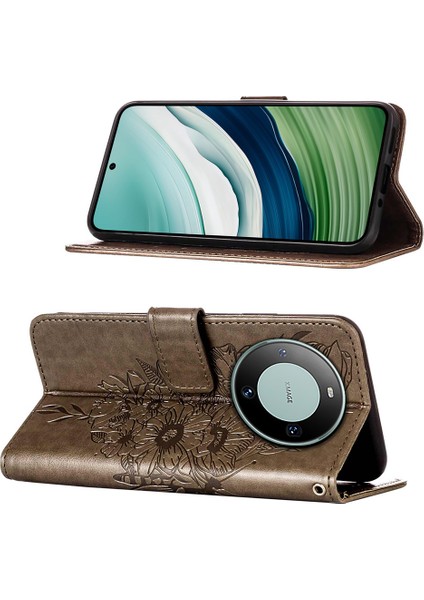 Huawei Mate 60 Için Kelebek Pu Deri Çevirmeli Cüzdan Stand Telefon Kılıfı - Gri (Yurt Dışından)