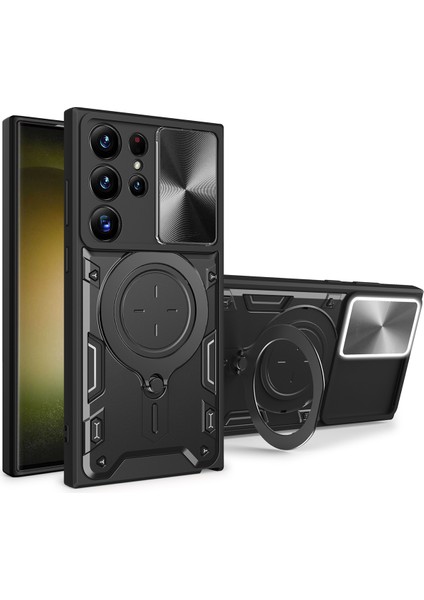 Samsung Galaxy S23 Ultra Için Çift Katmanlı Telefon Kılıfı, Slayt Kamera Kapağı ve Metal Gizli Braket ile Siyah (Yurt Dışından)