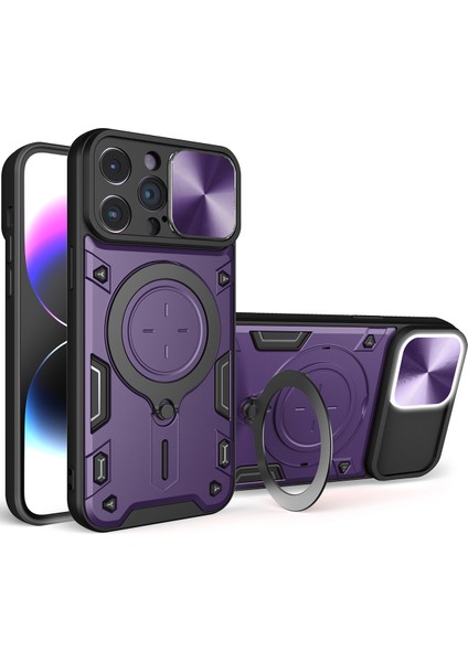 iPhone 15 Pro Max Için Çift Katmanlı Telefon Kılıfı, Slayt Kamera Kapağı ve Metal Gizli Braket ile Mor (Yurt Dışından)