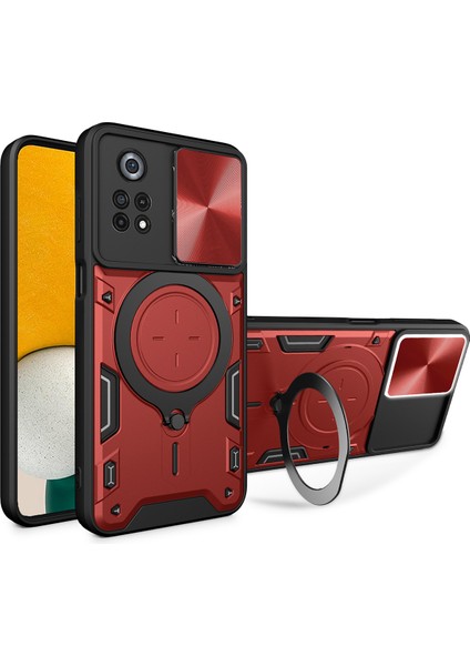 Xiaomi Poco X4 Pro 5g Için Çift Katmanlı Telefon Kılıfı, Slayt Kamera Kapağı ve Metal Gizli Braket ile Kırmızı (Yurt Dışından)