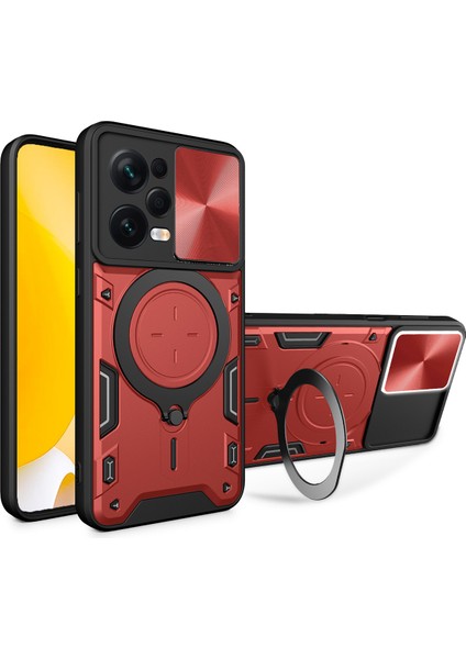 Xiaomi Redmi Note 12 Pro 5g Için Çift Katmanlı Telefon Kılıfı, Slayt Kamera Kapağı ve Metal Gizli Braket ile Kırmızı (Yurt Dışından)