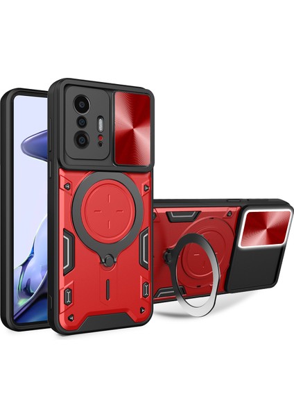 Xiaomi 11T /11T Pro Için Çift Katmanlı Telefon Kılıfı, Slayt Kamera Kapağı ve Metal Gizli Braket ile Kırmızı (Yurt Dışından)