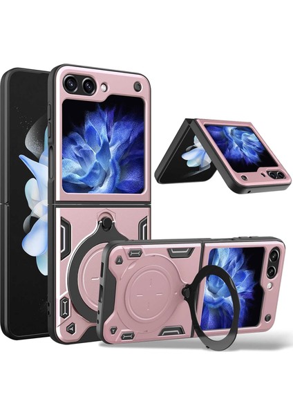 Samsung Galaxy Z Flip 5 Için Çift Katmanlı Telefon Kılıfı, Metal Gizli Braket ile Rose Gold (Yurt Dışından)