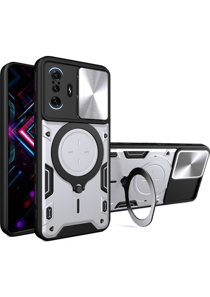 Xiaomi Poco F3 Gt /redmi K40 Gaming Için Çift Katmanlı Telefon Kılıfı, Slayt Kamera Kapağı ve Metal Gizli Braket ile Gümüş (Yurt Dışından)