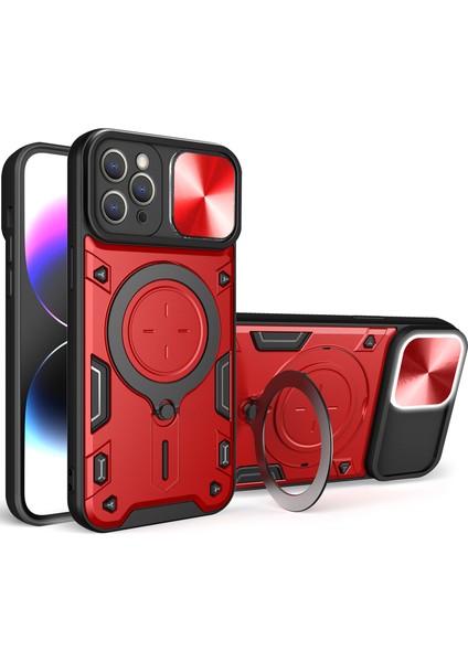 iPhone 12 Pro Için Çift Katmanlı Telefon Kılıfı, Slayt Kamera Kapağı ve Metal Gizli Braket ile Kırmızı (Yurt Dışından)