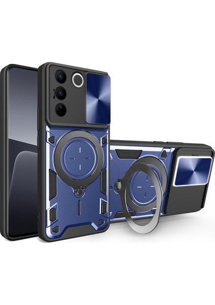 Vivo S16 /S16 Pro Için Çift Katmanlı Telefon Kılıfı, Slayt Kamera Kapağı ve Metal Gizli Braket ile Mavi (Yurt Dışından)