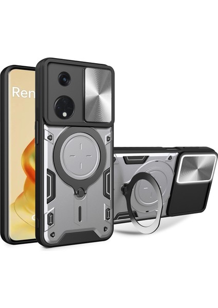 Oppo Reno8 T 5g Için Çift Katmanlı Telefon Kılıfı, Slayt Kamera Kapağı ve Metal Gizli Braket ile Gümüş (Yurt Dışından)