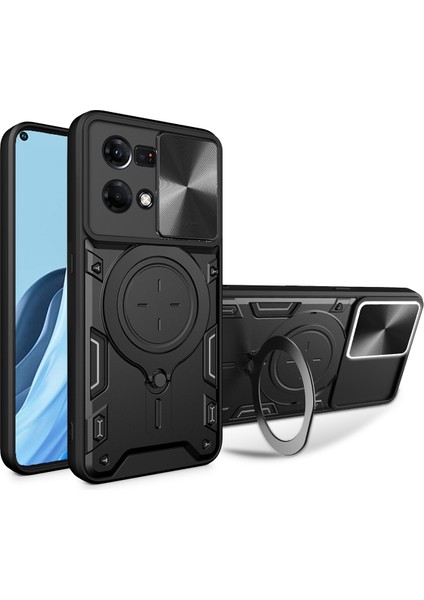 Oppo Reno7 4g Için Çift Katmanlı Telefon Kılıfı, Slayt Kamera Kapağı ve Metal Gizli Braket ile Siyah (Yurt Dışından)