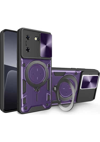 Tecon Pova 5 Için Çift Katmanlı Telefon Kılıfı, Slayt Kamera Kapağı ve Metal Gizli Braket ile Mor (Yurt Dışından)