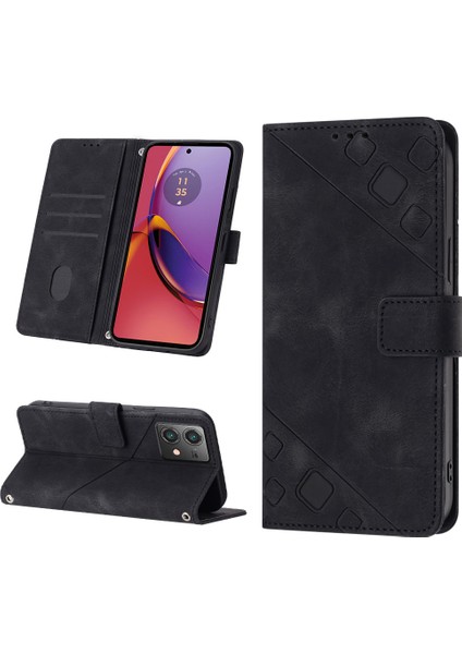 Motorola Moto G84 Için Kabartmalı Deri Cüzdan Stand Telefon Kılıfı - Siyah (Yurt Dışından)
