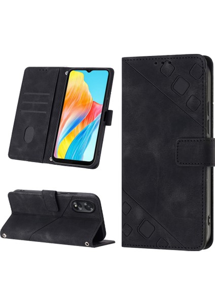 Oppo A38 4g Için Kabartmalı Deri Cüzdan Stand Telefon Kılıfı - Siyah (Yurt Dışından)
