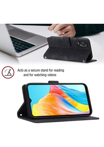 Oppo A38 4g Için Kabartmalı Deri Cüzdan Stand Telefon Kılıfı - Siyah (Yurt Dışından)