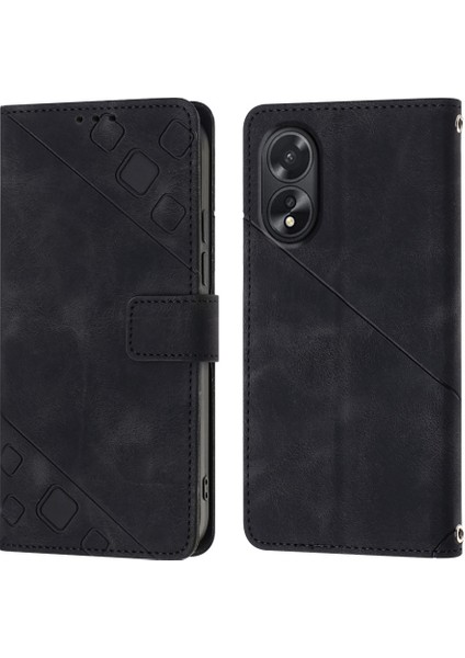 Oppo A38 4g Için Kabartmalı Deri Cüzdan Stand Telefon Kılıfı - Siyah (Yurt Dışından)