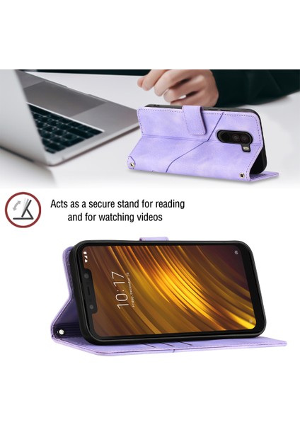 Xiaomi Pocophone F1 Için Kabartmalı Deri Cüzdan Stand Telefon Kılıfı - Mor (Yurt Dışından)