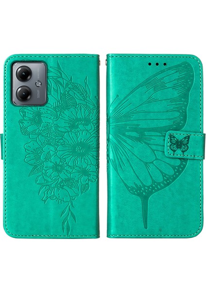 Motorola Moto G14 Için Kelebek Pu Deri Çevirmeli Cüzdan Stand Telefon Kılıfı - Yeşil (Yurt Dışından)