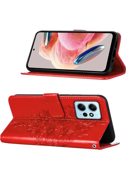 Xiaomi Redmi Note 12 4g Için Kelebek Pu Deri Çevirmeli Cüzdan Stand Telefon Kılıfı - Kırmızı (Yurt Dışından)