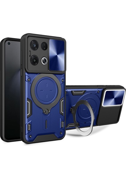 Oppo Reno8 Pro Için Çift Katmanlı Telefon Kılıfı, Slayt Kamera Kapağı ve Metal Gizli Braket ile Mavi (Yurt Dışından)