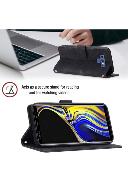 Samsung Galaxy Note 9 Için Kabartmalı Deri Cüzdan Stand Telefon Kılıfı - Siyah (Yurt Dışından)