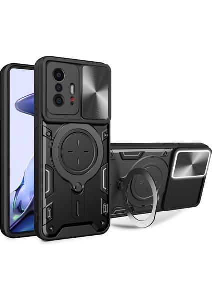 Xiaomi 11T /11T Pro Için Çift Katmanlı Telefon Kılıfı, Slayt Kamera Kapağı ve Metal Gizli Braket ile Siyah (Yurt Dışından)