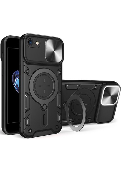 iPhone 8 / 7 /iphone Se 2020/2022 Için Çift Katmanlı Telefon Kılıfı, Slayt Kamera Kapağı ve Metal Gizli Braket ile Siyah (Yurt Dışından)