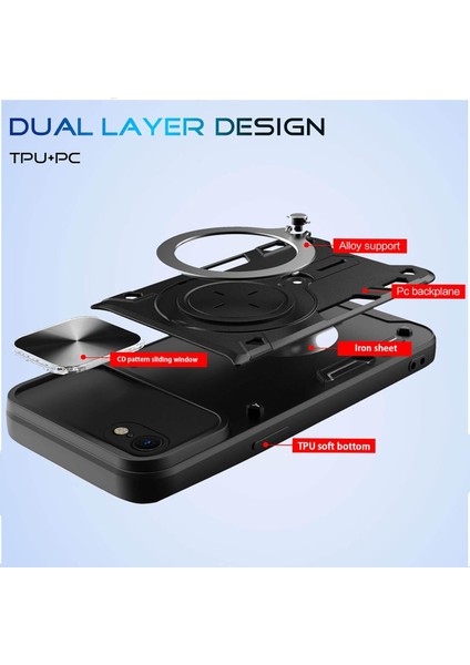 iPhone 8 / 7 /iphone Se 2020/2022 Için Çift Katmanlı Telefon Kılıfı, Slayt Kamera Kapağı ve Metal Gizli Braket ile Siyah (Yurt Dışından)