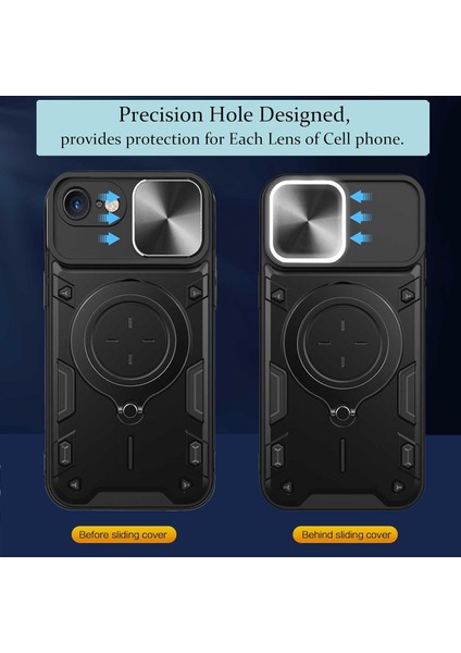 iPhone 8 / 7 /iphone Se 2020/2022 Için Çift Katmanlı Telefon Kılıfı, Slayt Kamera Kapağı ve Metal Gizli Braket ile Siyah (Yurt Dışından)