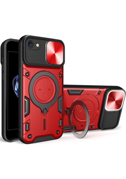 iPhone 8 / 7 /iphone Se 2020/2022 Için Çift Katmanlı Telefon Kılıfı, Slayt Kamera Kapağı ve Metal Gizli Braket ile Kırmızı (Yurt Dışından)