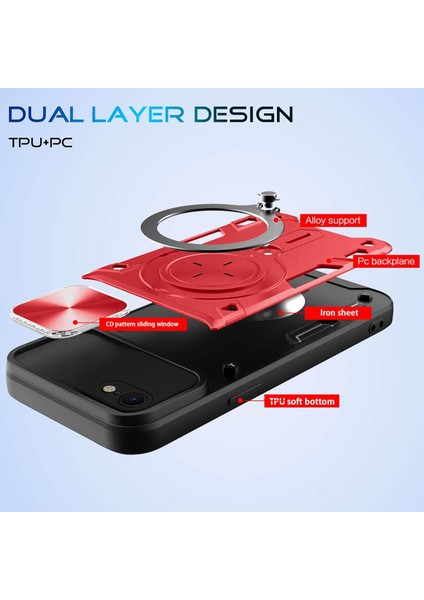 iPhone 8 / 7 /iphone Se 2020/2022 Için Çift Katmanlı Telefon Kılıfı, Slayt Kamera Kapağı ve Metal Gizli Braket ile Kırmızı (Yurt Dışından)