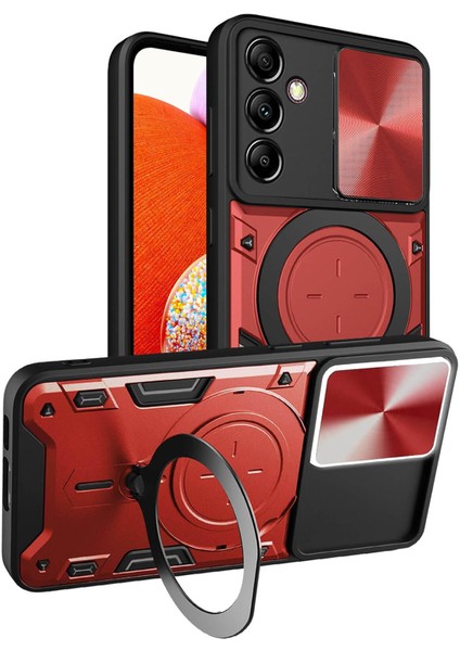 Samsung Galaxy A14 5g/4g Için Çift Katmanlı Telefon Kılıfı, Slayt Kamera Kapağı ve Metal Gizli Braket ile Kırmızı (Yurt Dışından)