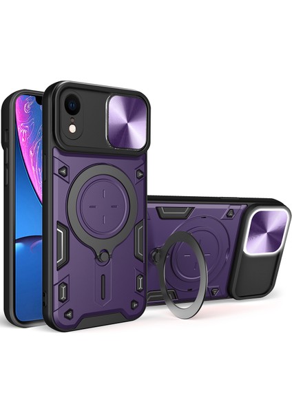 iPhone Xr Için Çift Katmanlı Telefon Kılıfı, Slayt Kamera Kapağı ve Metal Gizli Braket ile Mor (Yurt Dışından)