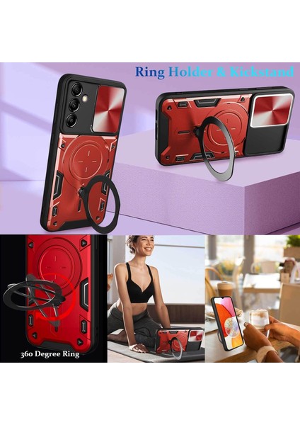 Samsung Galaxy A14 5g/4g Için Çift Katmanlı Telefon Kılıfı, Slayt Kamera Kapağı ve Metal Gizli Braket ile Kırmızı (Yurt Dışından) indirimleri