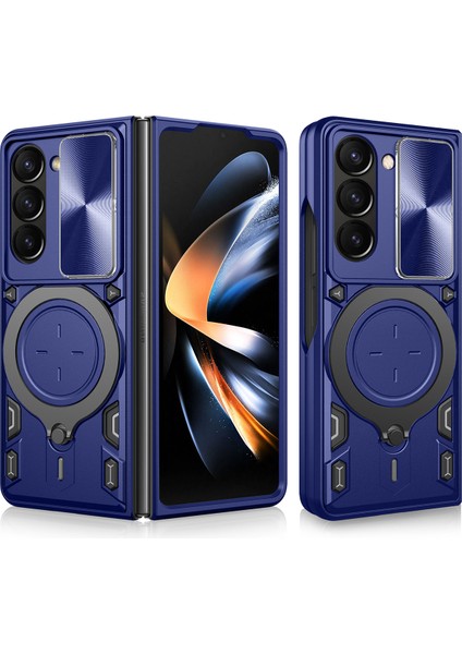 Samsung Galaxy Z Fold 5 Için Çift Katmanlı Telefon Kılıfı, Slayt Kamera Kapağı ve Metal Gizli Braket ile Mavi (Yurt Dışından)