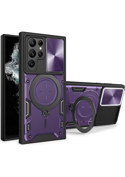 Samsung Galaxy S22 Ultra 5g Için Çift Katmanlı Telefon Kılıfı, Slayt Kamera Kapağı ve Metal Gizli Braket ile Mor (Yurt Dışından)