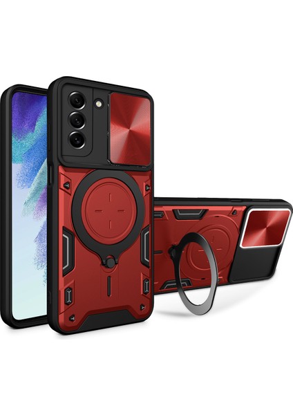 Samsung Galaxy S21 Fe 5g Için Çift Katmanlı Telefon Kılıfı, Slayt Kamera Kapağı ve Metal Gizli Braket ile Kırmızı (Yurt Dışından)