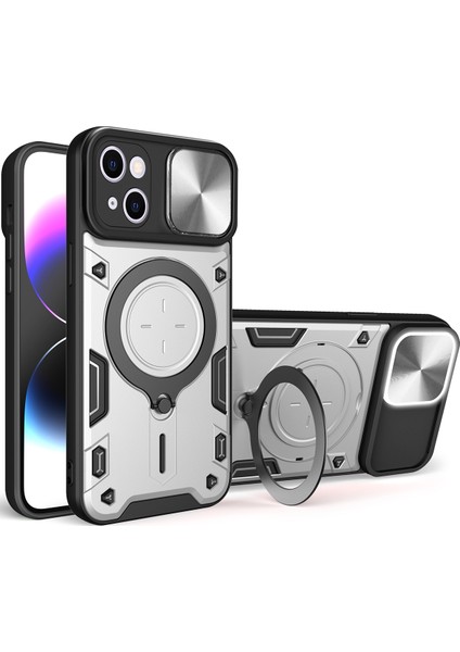 iPhone 13 Için Çift Katmanlı Telefon Kılıfı, Slayt Kamera Kapağı ve Metal Gizli Braket ile Gümüş (Yurt Dışından)