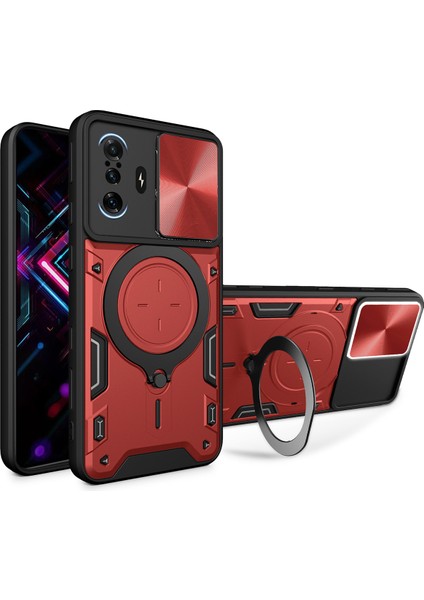 Xiaomi Poco F3 Gt /redmi K40 Gaming Için Çift Katmanlı Telefon Kılıfı, Slayt Kamera Kapağı ve Metal Gizli Braket ile Kırmızı (Yurt Dışından)